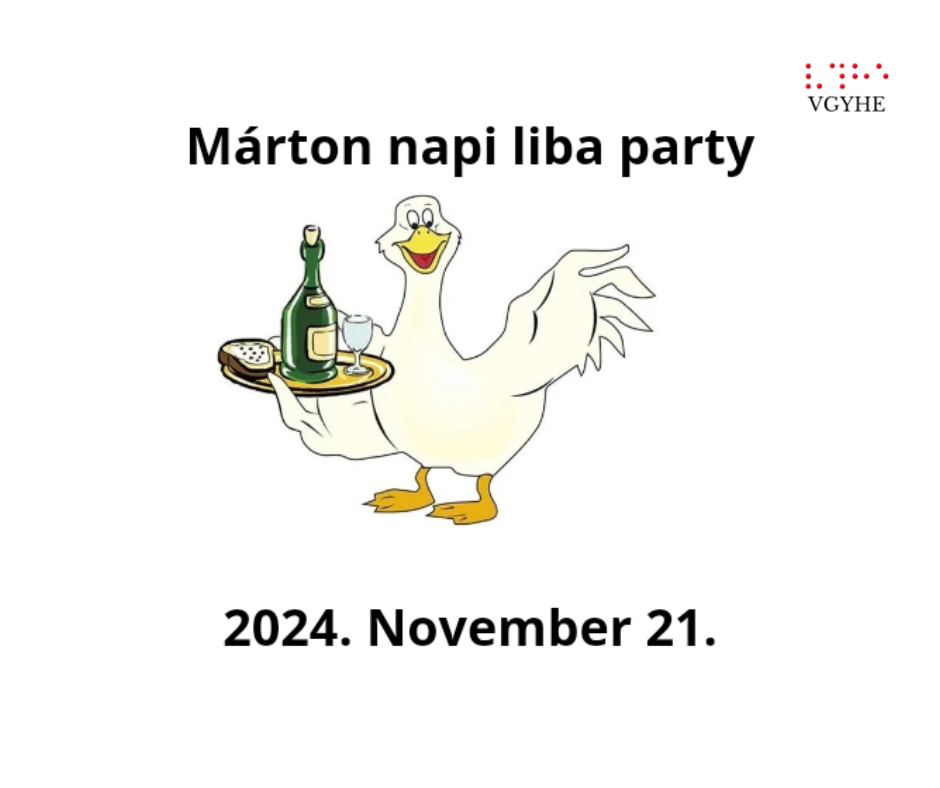 A kép egy vicces meghívót ábrázol egy "Márton napi liba party"-ra, amely 2024. november 21-én lesz. A fő elem egy rajzolt fehér liba, amely vidáman mosolyog. A liba egyik szárnyán egy tálcát tart, amin egy üveg bor, egy pohár és egy szelet kenyér látható. A kép tetején nagy betűkkel olvasható a "Márton napi liba party" felirat, alul pedig a dátum. A jobb felső sarokban apró piros pontokból álló minta látható, amely valószínűleg egy logó vagy azonosító. Az egész kép egyszerű, de humoros stílusban készült, utalva a Márton-napi hagyományokra és az ünnephez kapcsolódó libalakomára. (A kép leírását a Claude generálta)