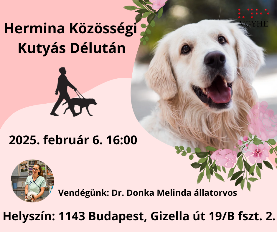 A plakát rózsaszín háttérrel rendelkezik, és egy gyönyörű golden retriever kutya portréja látható rajta, aki boldogan, nyitott szájjal mosolyog. A képet rózsaszín virágok és zöld levelek díszítik a sarokban. A plakáton az alábbi információk szerepelnek: - Időpont: 2025. február 6. 16:00 - Helyszín: 1143 Budapest, Gizella út 19/B fszt. 2. - Vendég: Dr. Donka Melinda állatorvos (kis körben látható a fotója) A plakáton egy sétáló ember és kutya sziluettje is megjelenik fekete színben. A design elegáns és barátságos hangulatot áraszt, a rózsaszín és zöld színek harmonikusan illeszkednek egymáshoz. A jobb felső sarokban egy "VGYHE" felirat látható. (A kép leírását a Claude generálta)