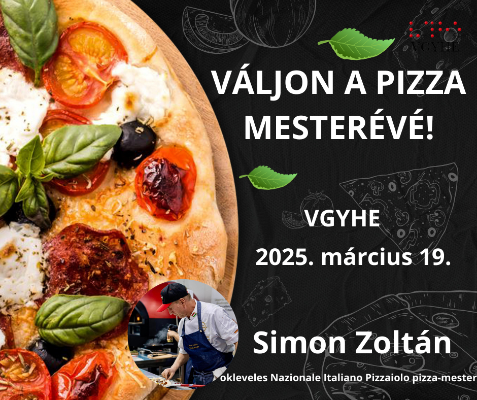 A kép egy pizzakészítő esemény promóciós plakátja, amely "VÁLJON A PIZZA MESTERÉVÉ!" címmel hirdeti az eseményt. A plakát bal oldalán egy gusztusos, friss pizza közeli képe látható, amelyen paradicsomok, bazsalikomlevelek és más feltétek láthatók. A háttér sötét, táblaszerű, rajta pizzával kapcsolatos vázlatos rajzok. Az esemény részletei: - Helyszín: VGYHE - Időpont: 2025. március 19. - Előadó: Simon Zoltán (okleveles Nazionale Italiano Pizzaiolo pizza-mester) A plakáton szerepel egy kisebb kép az előadóról, aki fehér séfruhában és kék kötényben dolgozik egy pizza előkészítésén. A design professzionális, a fekete háttéren dekoratív zöld levél motívumok és pizzával kapcsolatos grafikai elemek jelennek meg. A kép összességében étvágygerjesztő és professzionális benyomást kelt, megfelelően kommunikálva egy színvonalas pizzakészítő mesterkurzus hangulatát. (A kép leírását a Claude generálta)