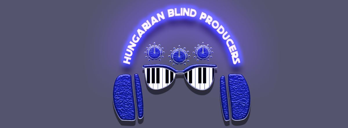 A kép egy stilizált logót ábrázol, amely a "Hungarian Blind Producers" feliratot tartalmazza egy félkörívben, neon kék színben világítva. A logó központi eleme egy napszemüveg, amelynek lencséi zongorabillentyűzet mintázatúak (fekete-fehér billentyűk). A napszemüveg felett három kör alakú, óraszerű vagy hangerőszabályzóhoz hasonló elem látható, szintén kék színben. A kompozíciót két oldalról egy-egy kék textúrájú, fejhallgatóra emlékeztető elem keretezi. (A kép leírását a Claude generálta)