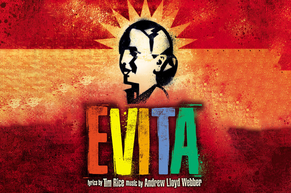 Egy színházi plakát látható az "Evita" című musicalhez. A plakát drámai megjelenésű, vörös és narancssárga színekben pompázik, grunge textúrával. A háttérben egy stilizált, fekete-fehér profil portré látható, amely felett egy sugárzó napkorong vagy csillag alakzat helyezkedik el. A musical címe "EVITA" nagy, színes betűkkel van kiírva a kép alsó részén, ahol minden betű más színű: piros, sárga, kék és zöld árnyalatokban. A plakát alján olvasható a szerzők neve: "lyrics by Tim Rice music by Andrew Lloyd Webber" (A kép leírását a Claude generálta)