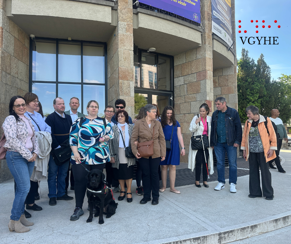 A képen egy csoport ember látható egy épület előtt. Tizenketten vannak, néhányan közülük mosolyognak. Különböző korúak és neműek. Középen egy fekete kutya is látható, valószínűleg egy vakvezető kutya. Az épület homlokzata kőből van, és nagy ablakai vannak. Az egyik sarokban "VGYHE" felirat és Braille írás látható.