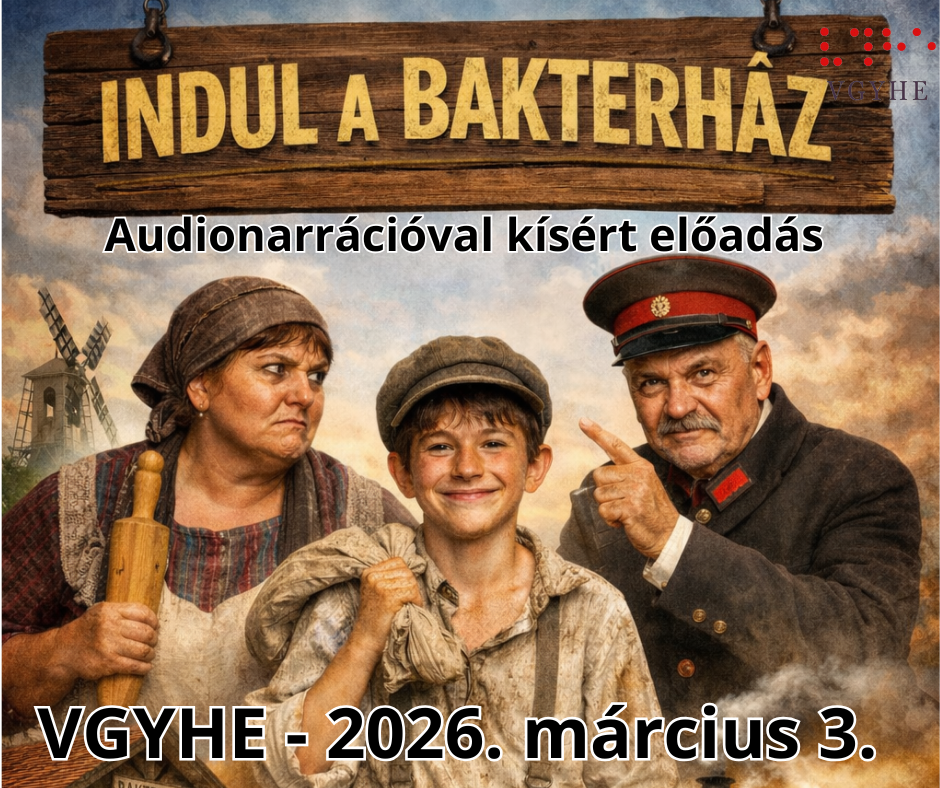 A képen három ember látható egy vidéki, régi korokat idéző környezetben. Egy nő baloldalt, kendőben, konyhai eszközt tart a kezében, és mérges vagy dühös arckifejezése van. Középen egy mosolygó fiú áll, sapkát visel, és vállán egy zsákot cipel. Jobboldalt egy idős férfi katonai vagy postás egyenruhában, sapkában, komoly arccal mutat a fiúra. A háttérben egy szélmalom látható. Felül egy fatábla hirdeti az "INDUL A BAKTERHÁZ" című előadást.