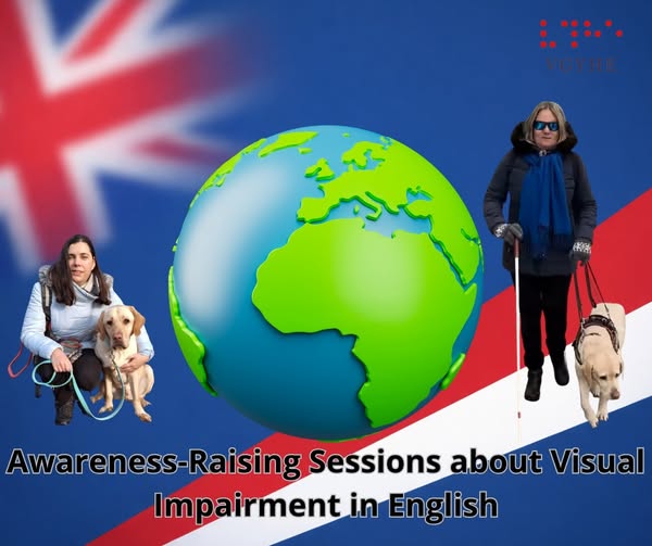 A képen szemléletformálással foglalkozó munkatársaink, Dóri és Ivett láthatók vakvezetőkutyáikkal egy stilizált földgömb körül, háttérben egy brit zászlóval.