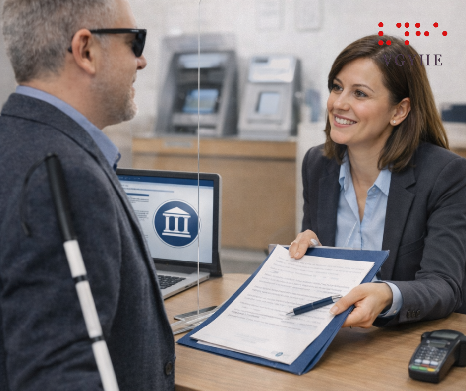 A képen egy pénzintézet személyes ügyfélszolgálatán női ügyintéző nyomtatványokat ad át egy látássérült férfinek.