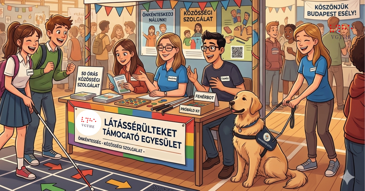 Animációs kép: egy asztalnál három ember ül, előttük két fiatal áll. Az asztal mellett egy vakvezetőkutya van, akinek hámját egy hölgy fogja.