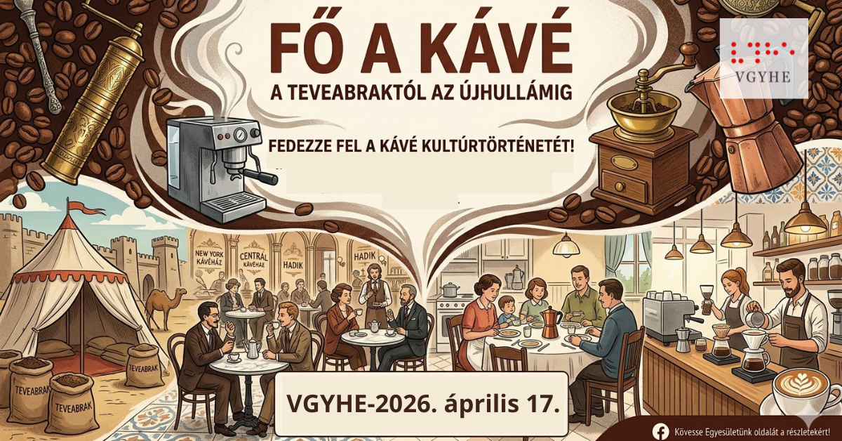 Az illusztráció egy kávé kultúrtörténetét bemutató plakát. Bal oldalon egy sivatagi tábor látható teveábrákkal és vászonzsákokkal, középen egy régi kávéházi jelenet, jobb oldalon pedig egy modern családi reggeli és egy barista kávézó. A kép tetején különböző kávéfőzési eszközök, például kávéfőző, kávédaráló, moka kanna és kávészemek vannak ábrázolva.