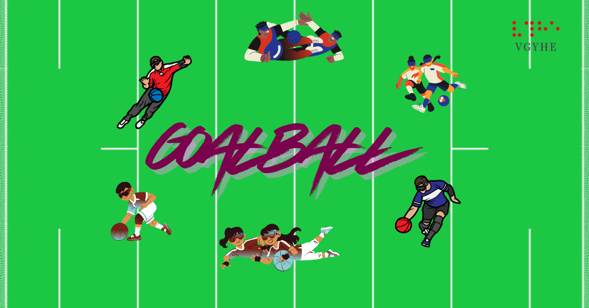 Animációs illusztráció csörgőlabda-pályával: középen „Goalball” felirat, körülötte körben elhelyezkedő játékosok.