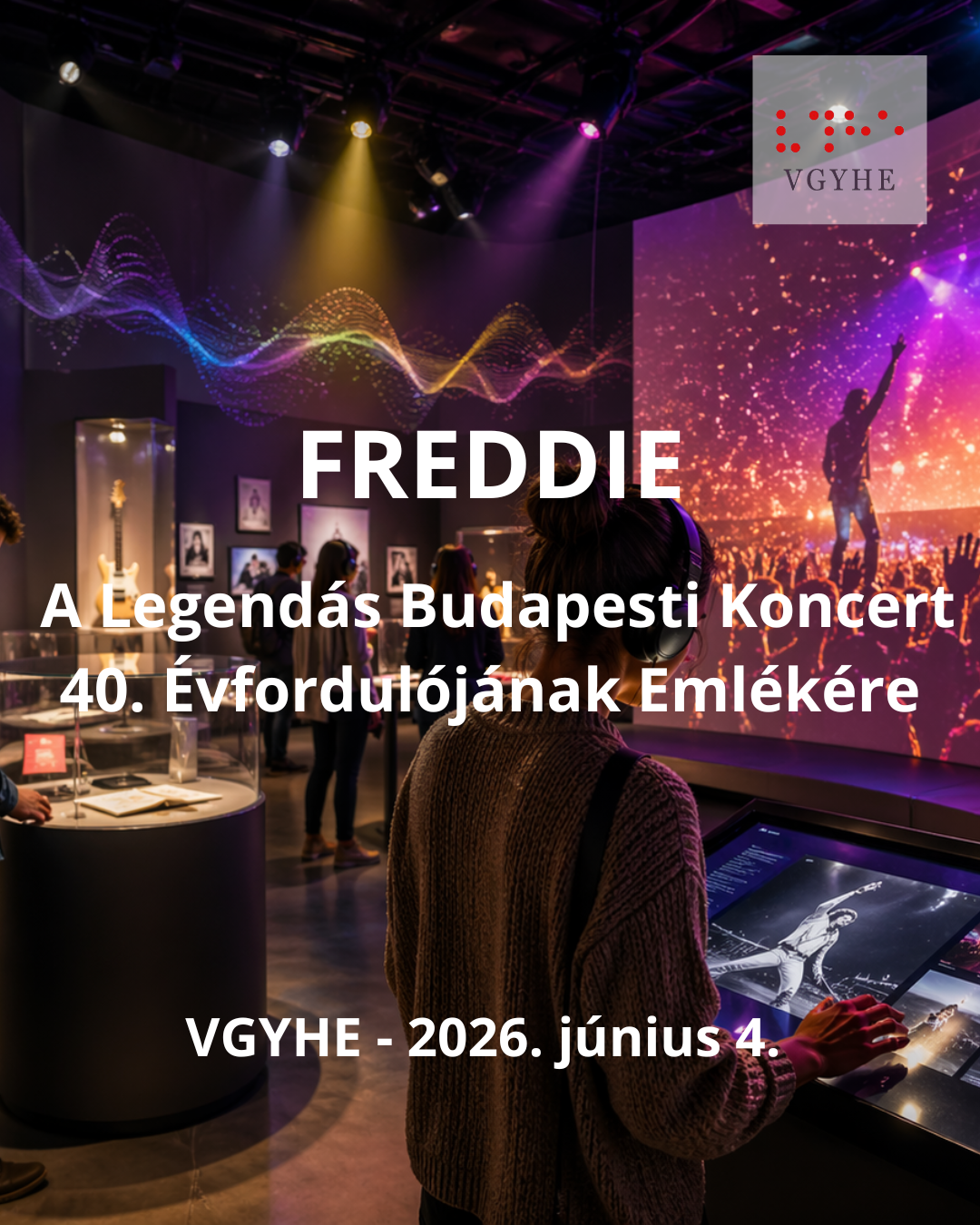 Modern zenei kiállítótérben a látogatók interaktív eszközöket próbálnak ki. Az előtérben egy fejhallgatót viselő nő érintőképernyőt használ, miközben a háttérben koncertjelenet vetítése és színes fények láthatók.