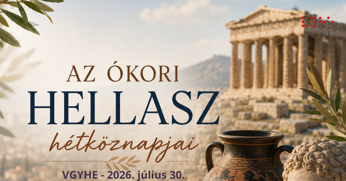 Egy hangulatos, ókori Görögországot idéző jelenet látható. A háttérben egy oszlopos görög szentély emelkedik egy napsütötte dombon, amely az Akropolisz hangulatát idézi. A kép közepén nagy, elegáns betűkkel a program címe olvasható: „Az ókori Hellasz hétköznapjai”.